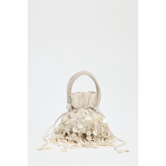 Zara Pearlescent Shell Beaded Bucket Bag Mini Cream Coastal Resort Blogger NWT - Picture 3 of 13